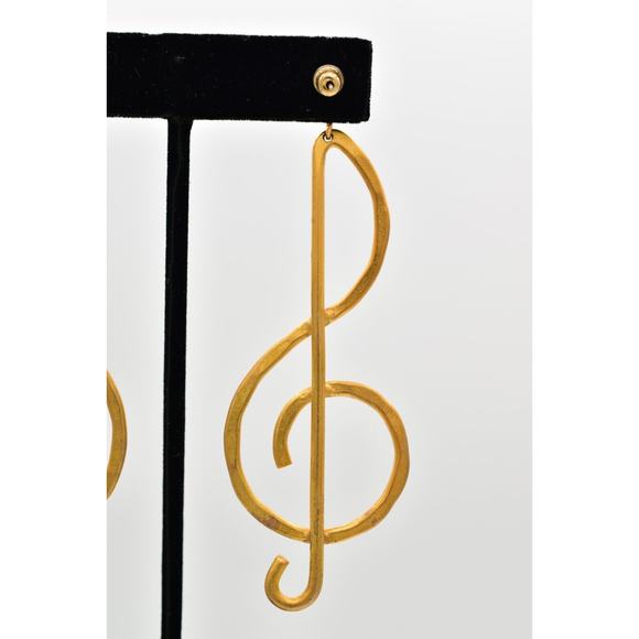 Vintage Treble Clef Earrings Dangle Brushed Gold Matte Long Chunky NOS 1980s A23 - Picture 9 of 12